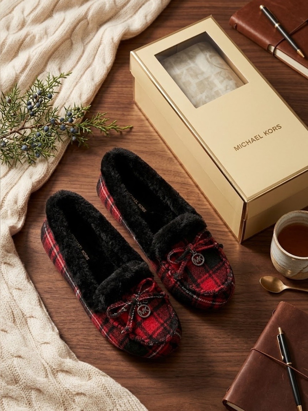 NIB Michael Kors Red Plaid Faux Fur Moccasin Slippers Size 9